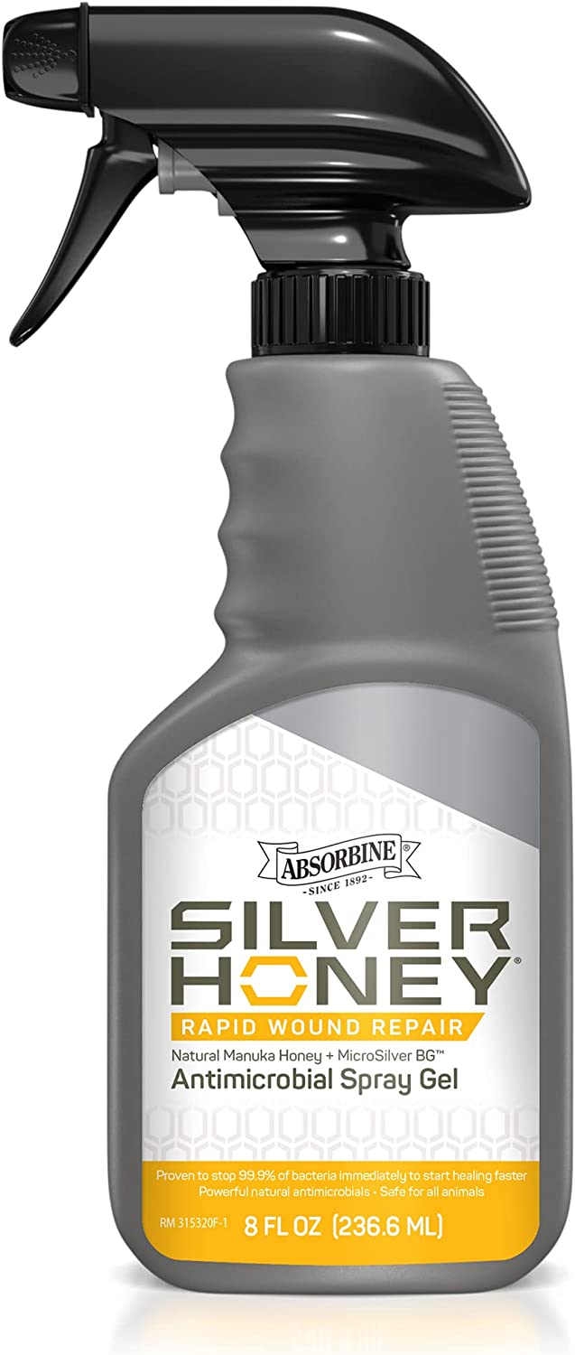 Silver Honey Rapid Wound Repair Spray Gel, Manuka Honey & MicroSilver BG, Veterinarian Tested Horse & Animal Wound Care, 8oz Bottle